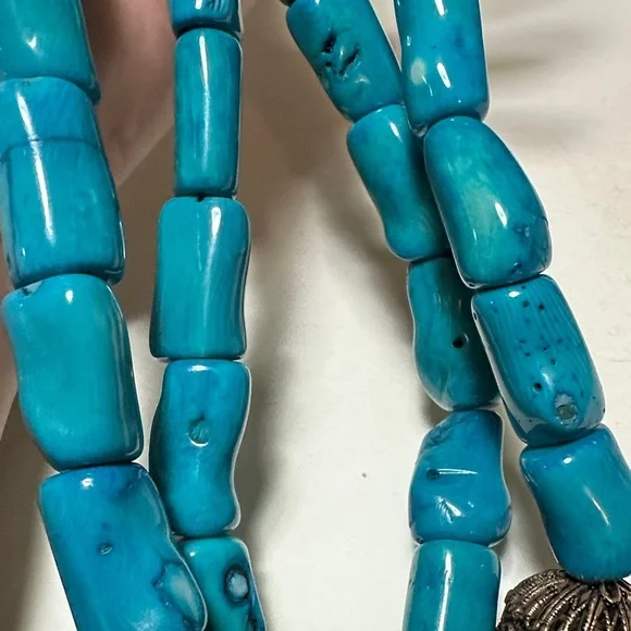 Blue Dyed Coral Studio Barse (Turquoise color) Necklace with Bead - Picture 6 of 12